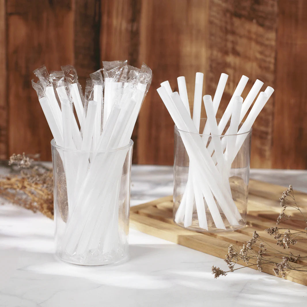 9" Diagonal Cut Boba Straws Poly Wrapped, White