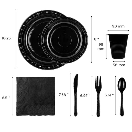 Dinnerware Set (Plate, Cup, Fork, Knife, Spoon, Napkin), Black