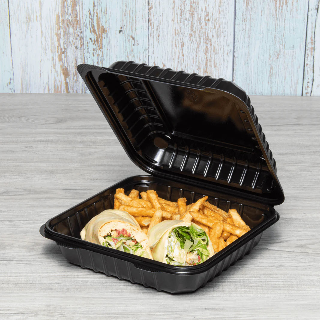 8" x 8" PP Plastic Hinged Container, Black