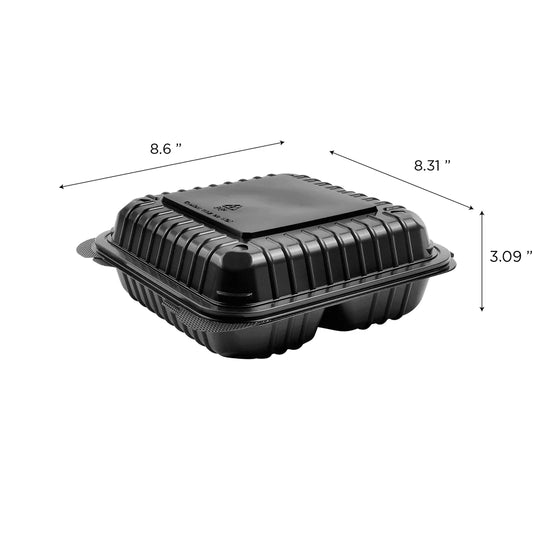 8" x 8" Black PP Plastic Hinged Container, 3 compartments