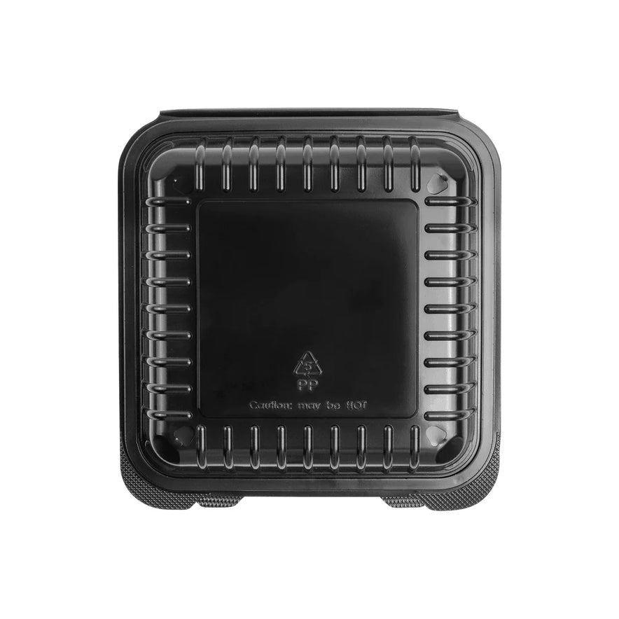 8" x 8" Black PP Plastic Hinged Container, 3 compartments