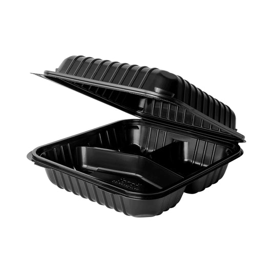8" x 8" Black PP Plastic Hinged Container, 3 compartments