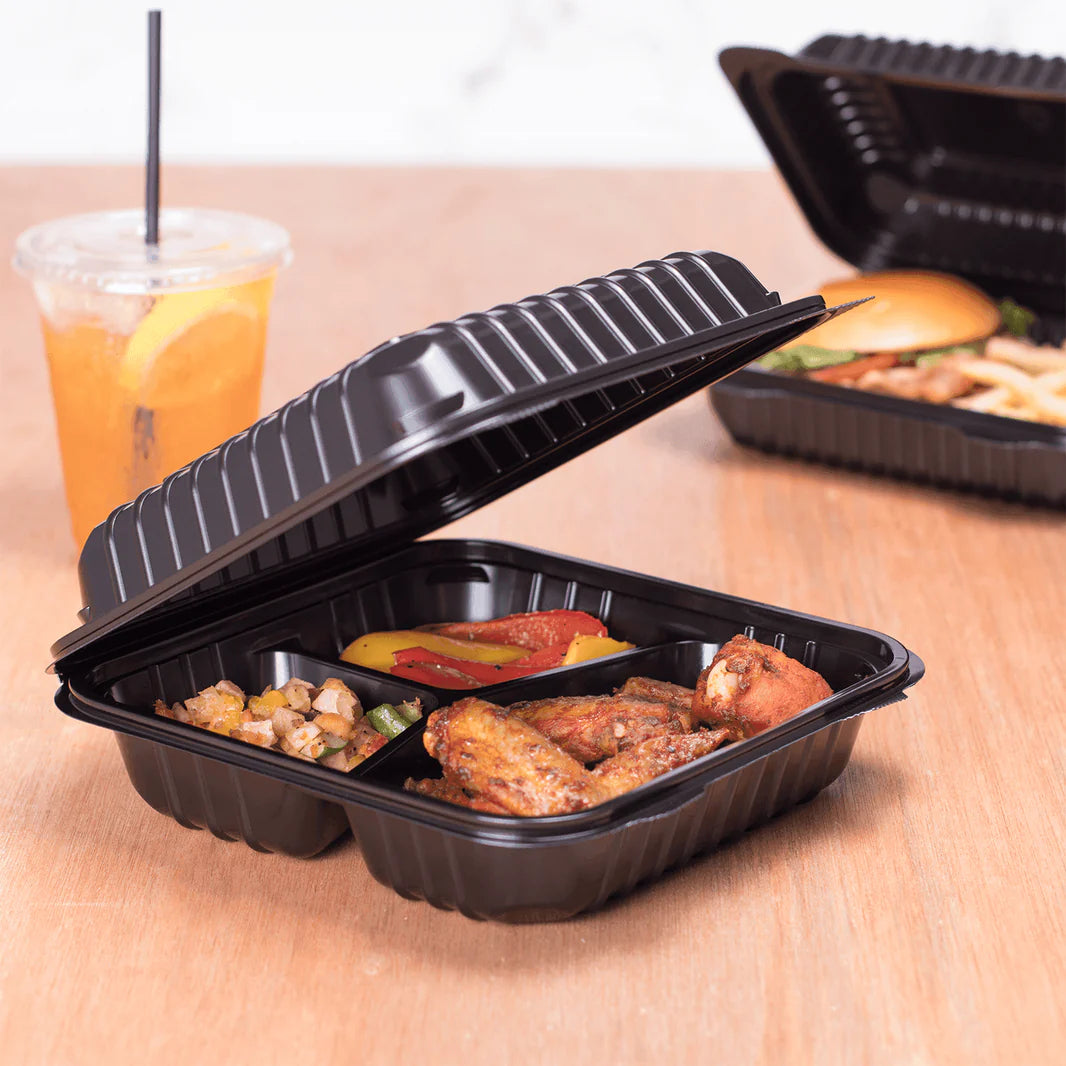 8" x 8" Black PP Plastic Hinged Container, 3 compartments