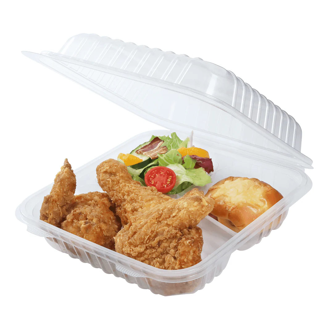 8" x 8" PP Plastic Hinged Container, 3 Compartments