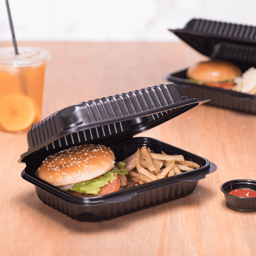 9" x 6" PP Plastic Hinged Container, Black