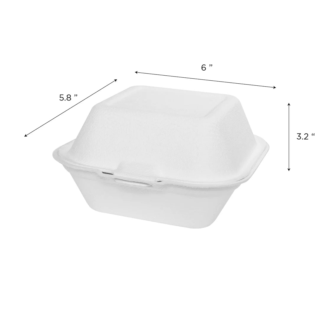 6"x6" PFAS Free Compostable Bagasse Hinged Containers, White
