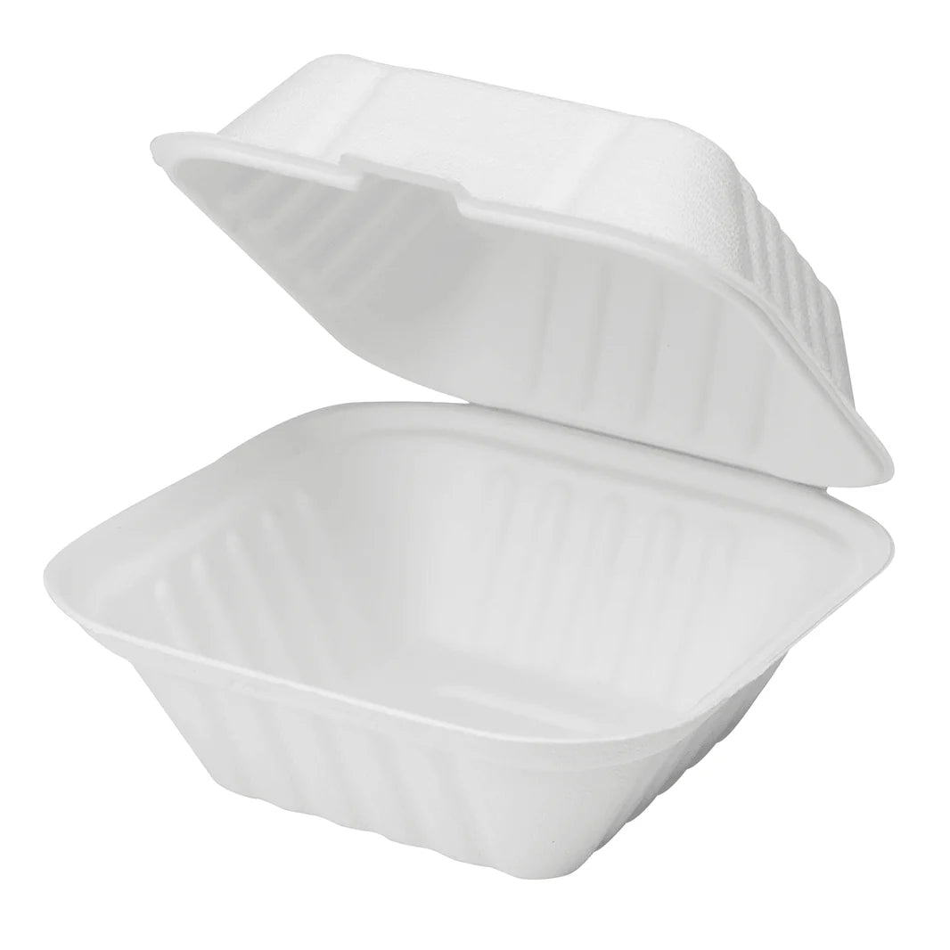 6"x6" PFAS Free Compostable Bagasse Hinged Containers, White