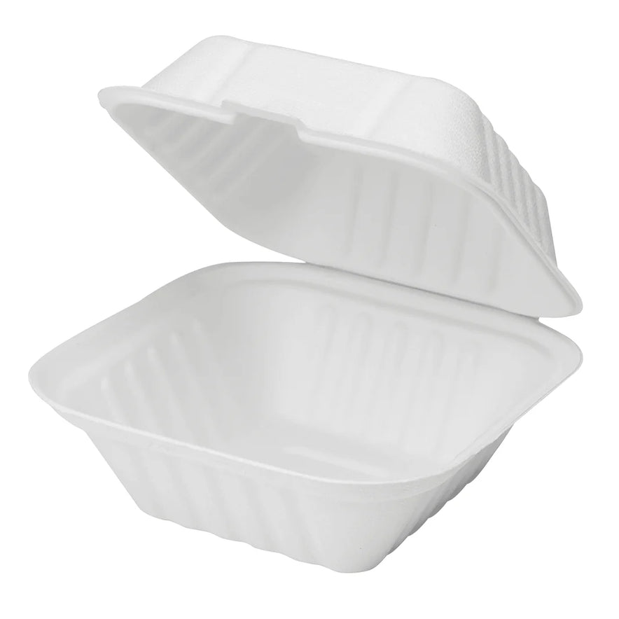 6"x6" PFAS Free Compostable Bagasse Hinged Containers, White