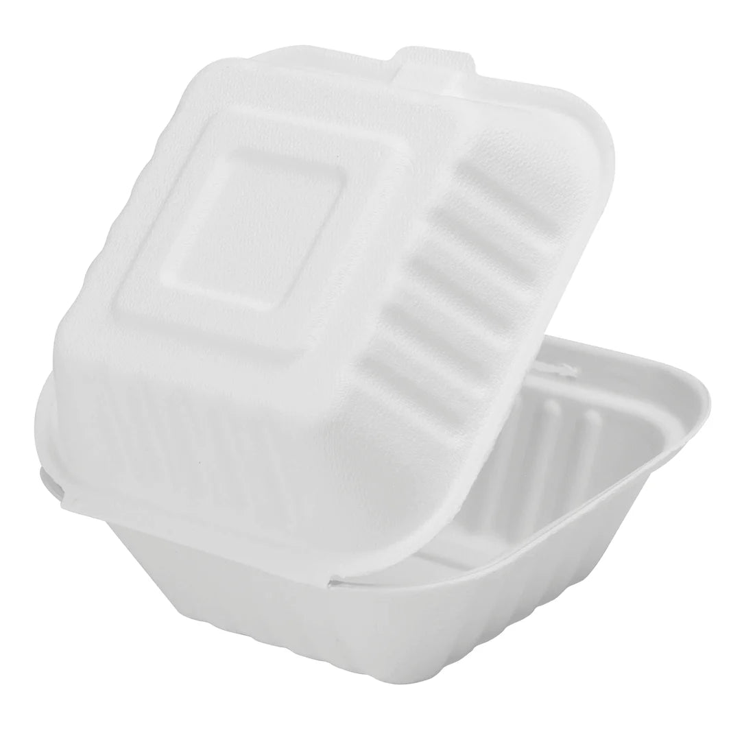 6"x6" PFAS Free Compostable Bagasse Hinged Containers, White