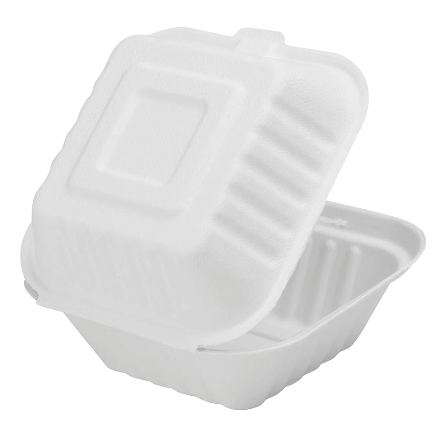 6"x6" PFAS Free Compostable Bagasse Hinged Containers, White