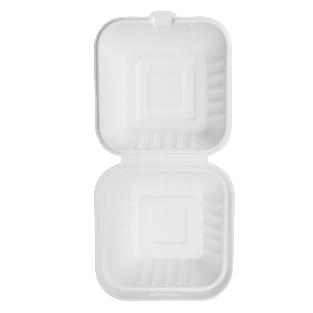 6"x6" PFAS Free Compostable Bagasse Hinged Containers, White