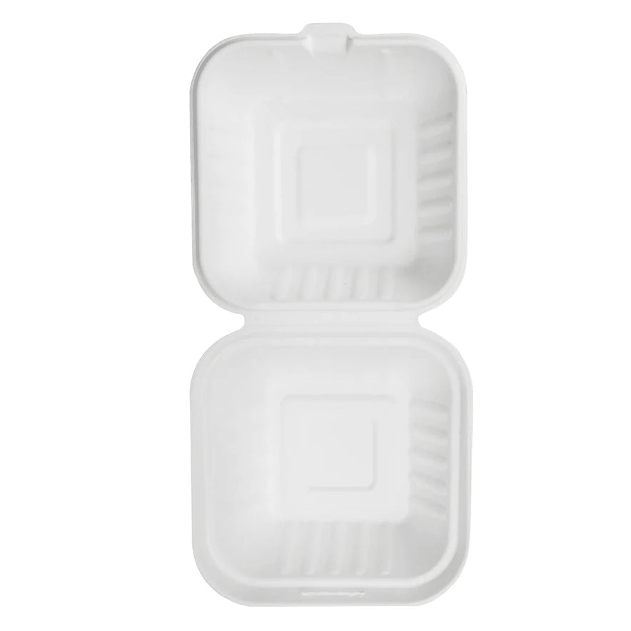 6"x6" PFAS Free Compostable Bagasse Hinged Containers, White