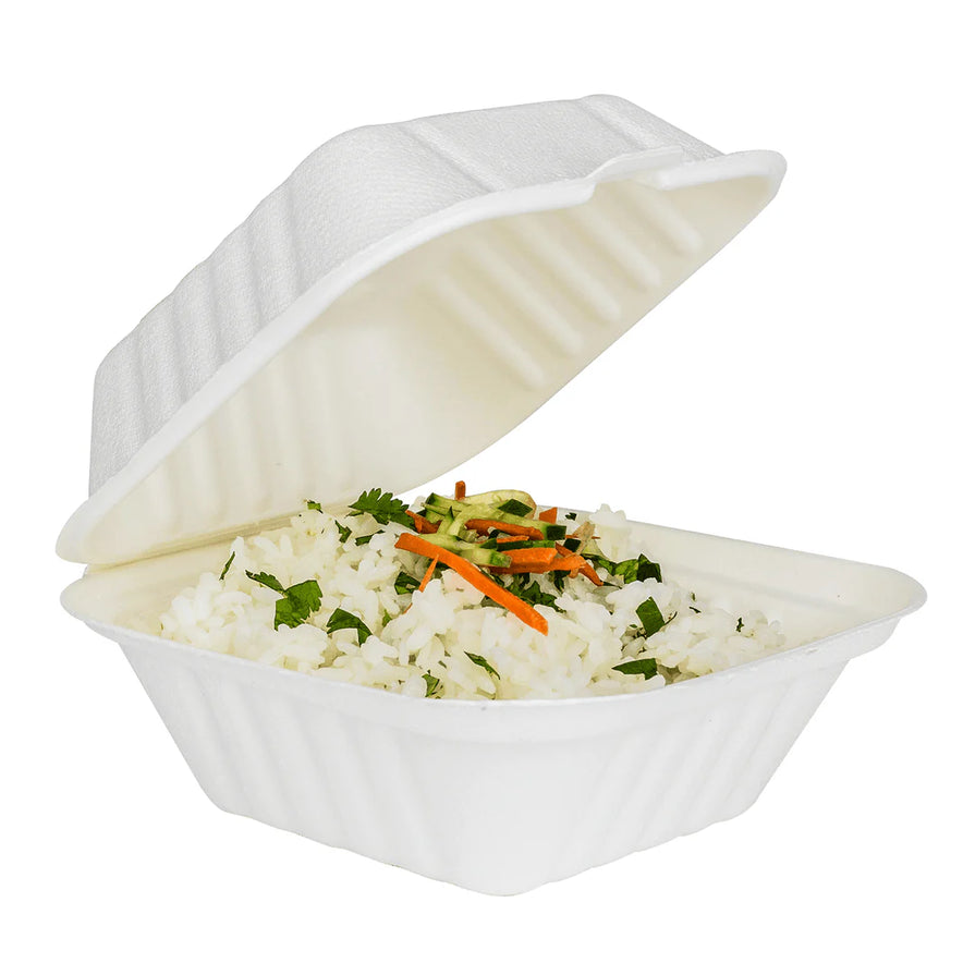 6"x6" PFAS Free Compostable Bagasse Hinged Containers, White