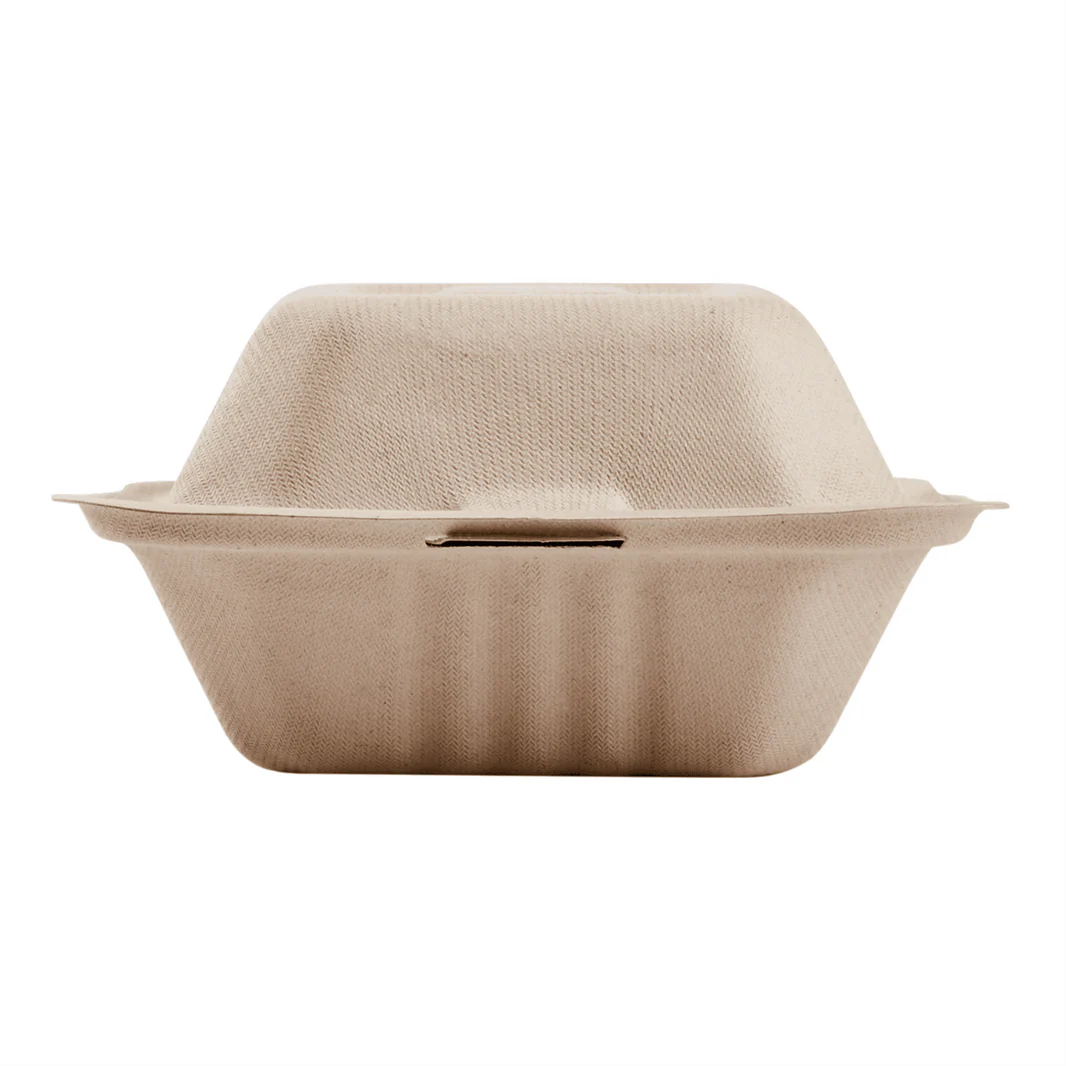 6"x6" PFAS Free Compostable Bagasse Hinged Containers, Natural