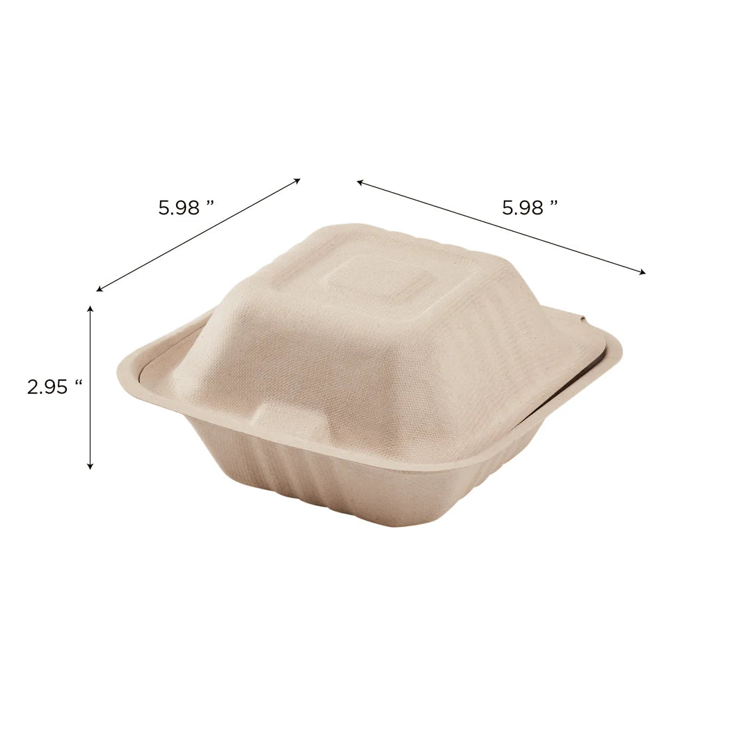 6"x6" PFAS Free Compostable Bagasse Hinged Containers, Natural