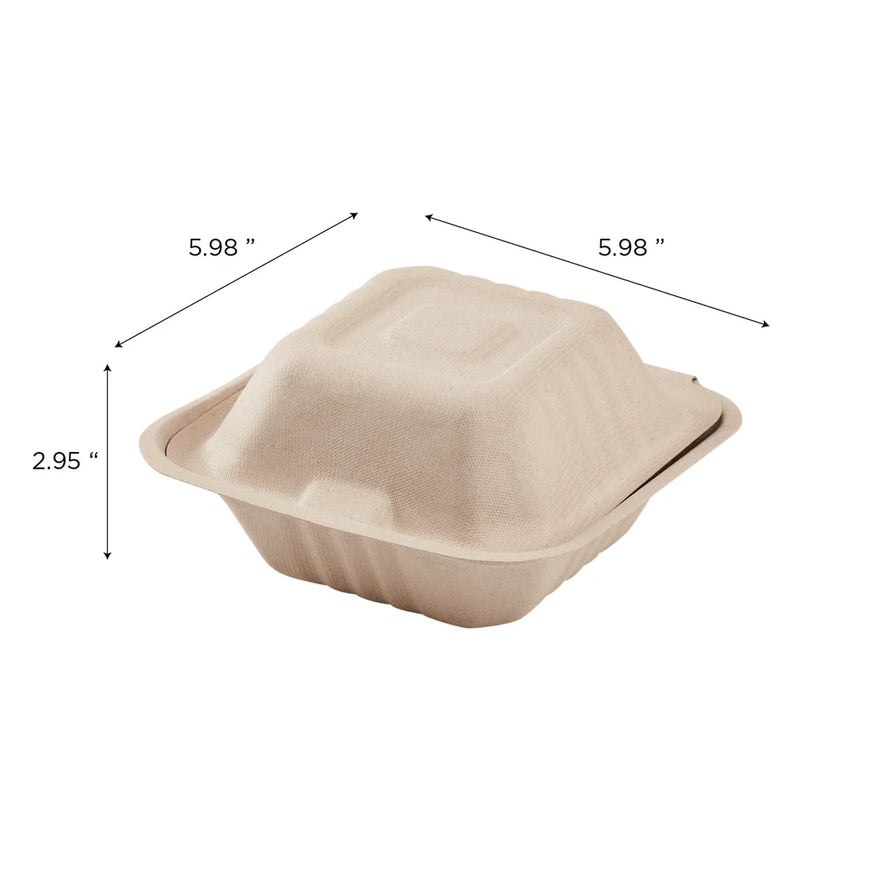 6"x6" PFAS Free Compostable Bagasse Hinged Containers, Natural