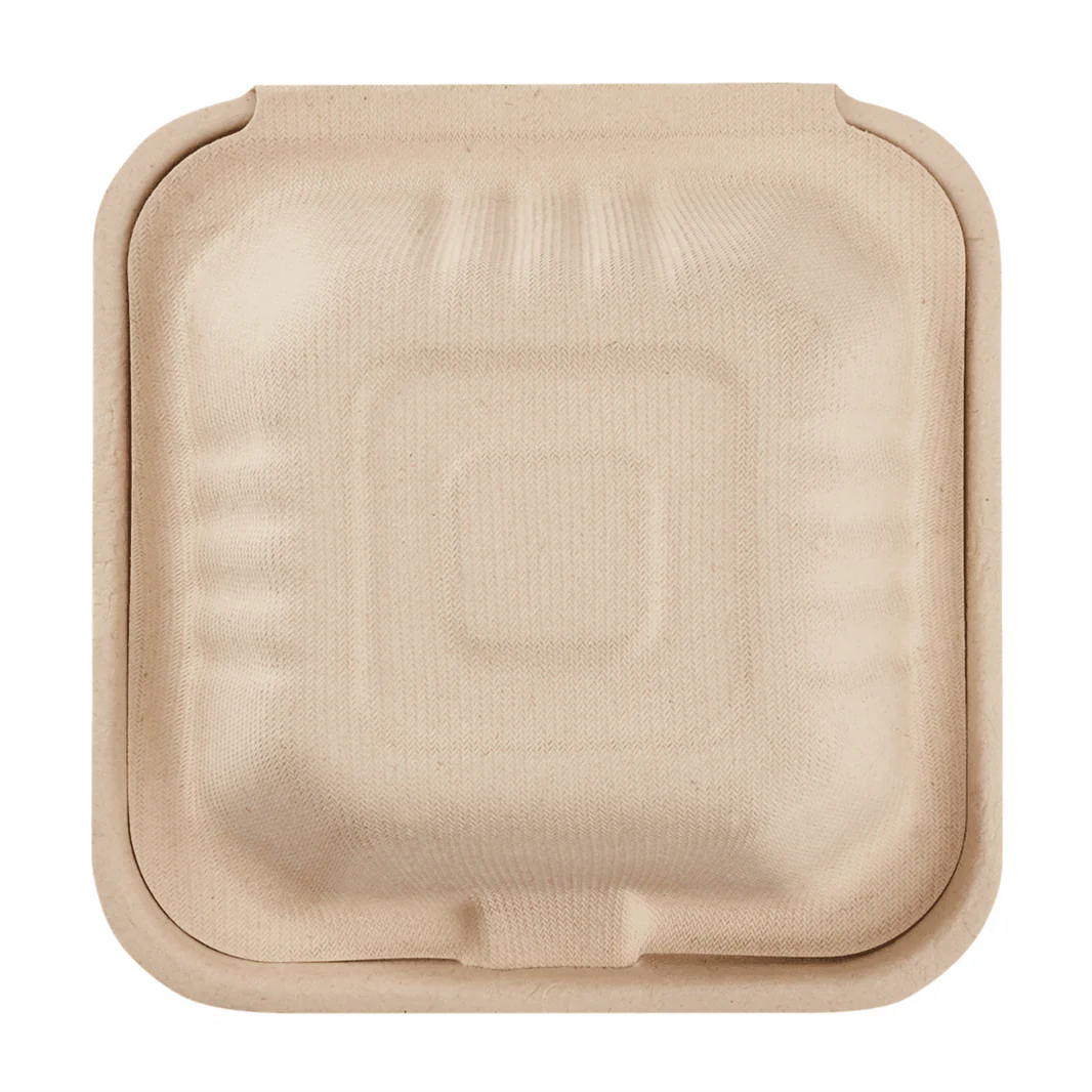 6"x6" PFAS Free Compostable Bagasse Hinged Containers, Natural