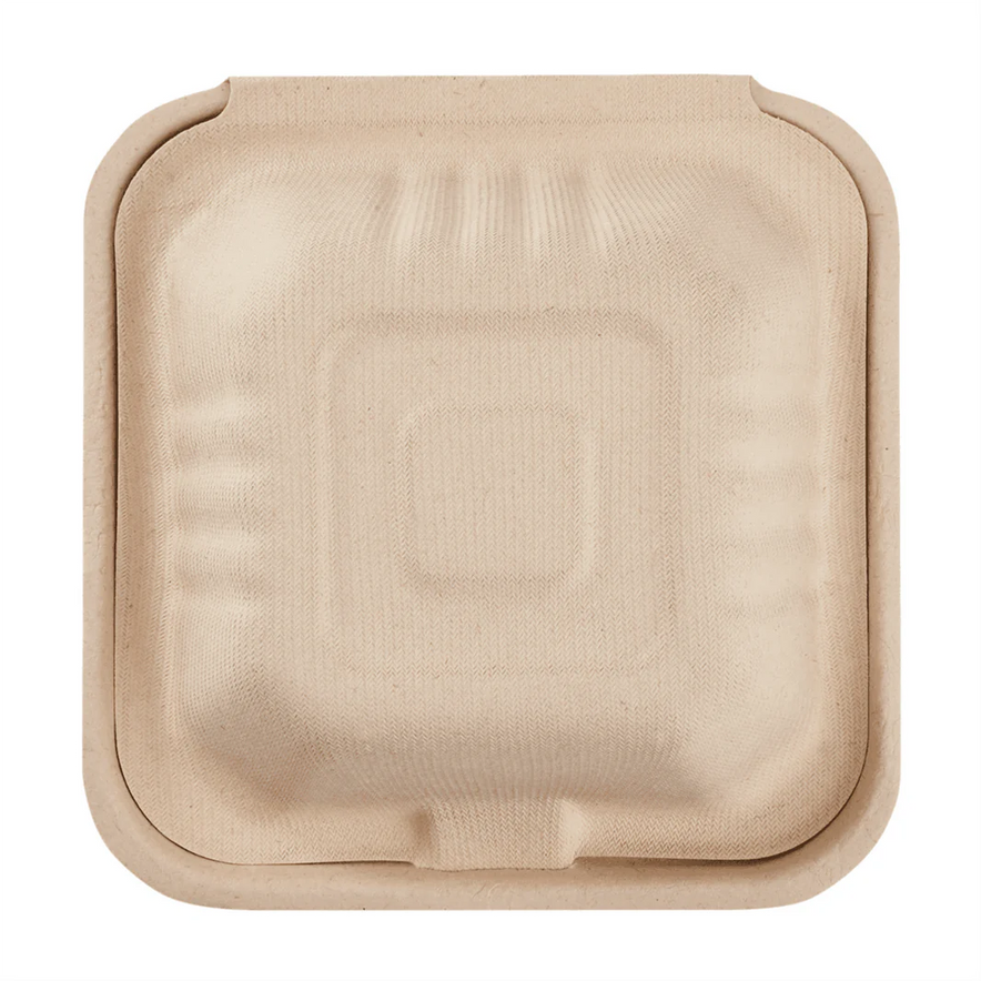 6"x6" PFAS Free Compostable Bagasse Hinged Containers, Natural