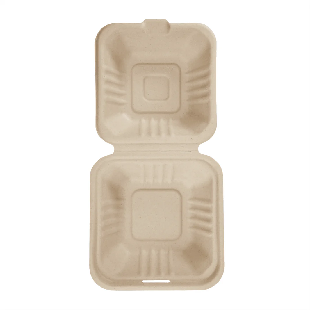 6"x6" PFAS Free Compostable Bagasse Hinged Containers, Natural