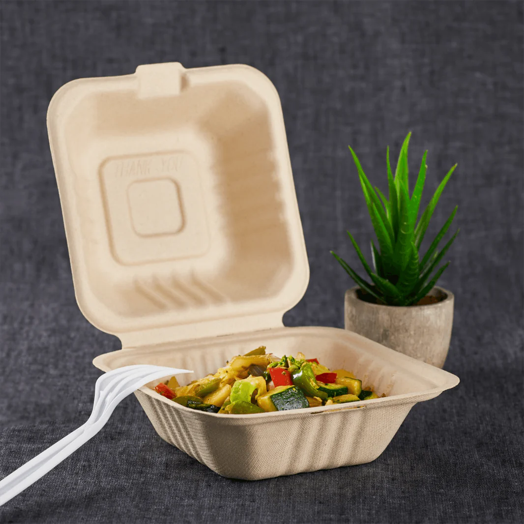 6"x6" PFAS Free Compostable Bagasse Hinged Containers, Natural