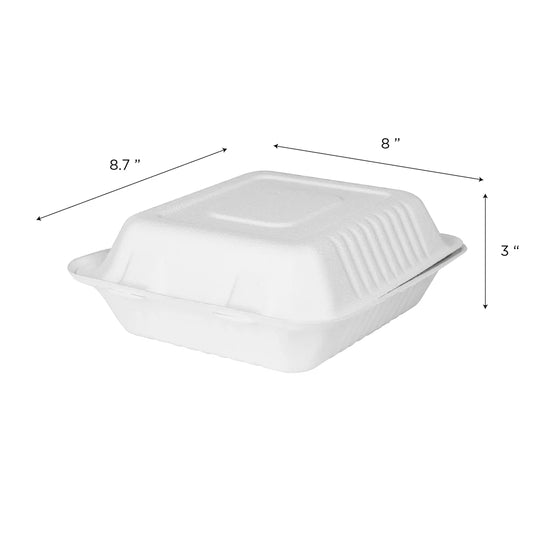 8"x8" PFAS Free Compostable Bagasse Hinged Containers, White
