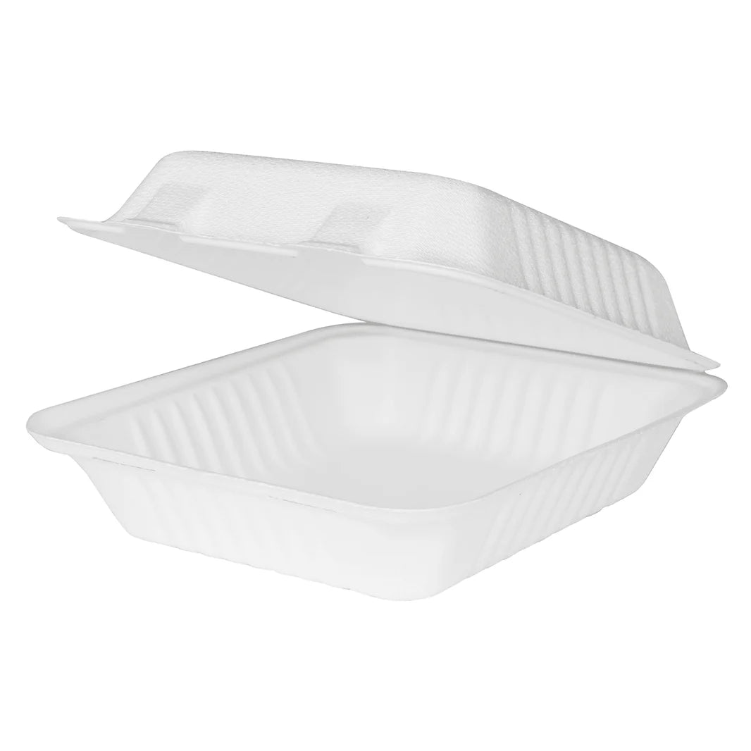 8"x8" PFAS Free Compostable Bagasse Hinged Containers, White