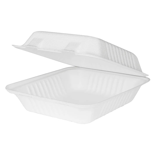 8"x8" PFAS Free Compostable Bagasse Hinged Containers, White