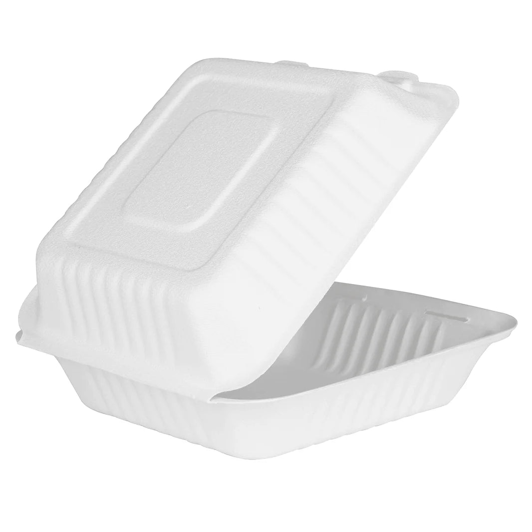 8"x8" PFAS Free Compostable Bagasse Hinged Containers, White