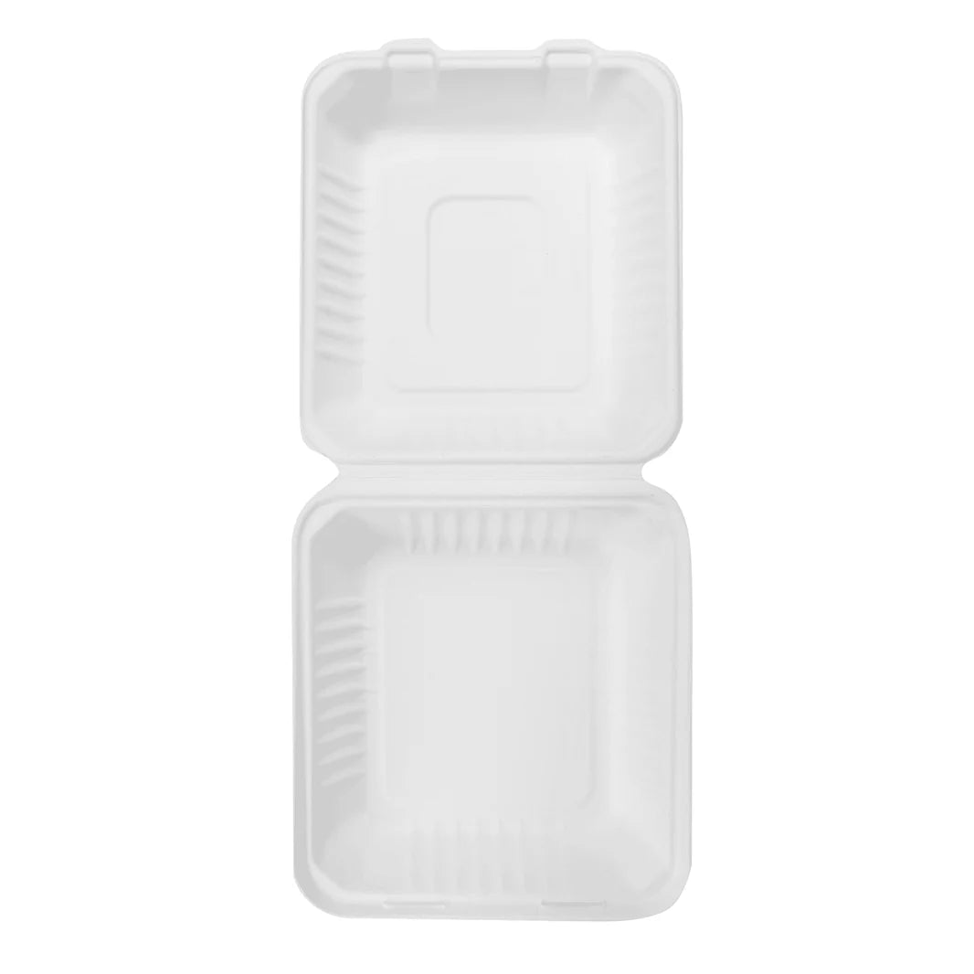 8"x8" PFAS Free Compostable Bagasse Hinged Containers, White
