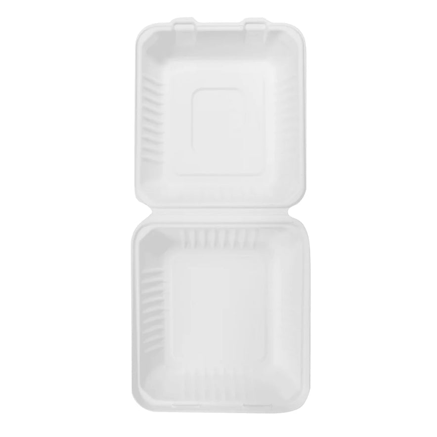 8"x8" PFAS Free Compostable Bagasse Hinged Containers, White