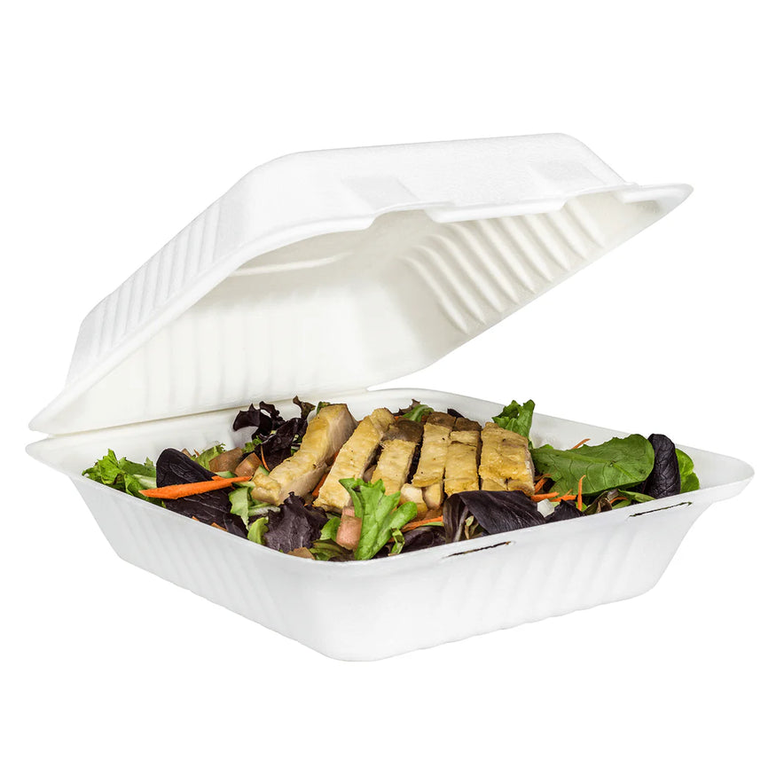 8"x8" PFAS Free Compostable Bagasse Hinged Containers, White