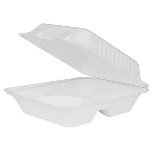 8"x8" PFAS Free Compostable Bagasse Hinged Containers, White, 3 Compartments