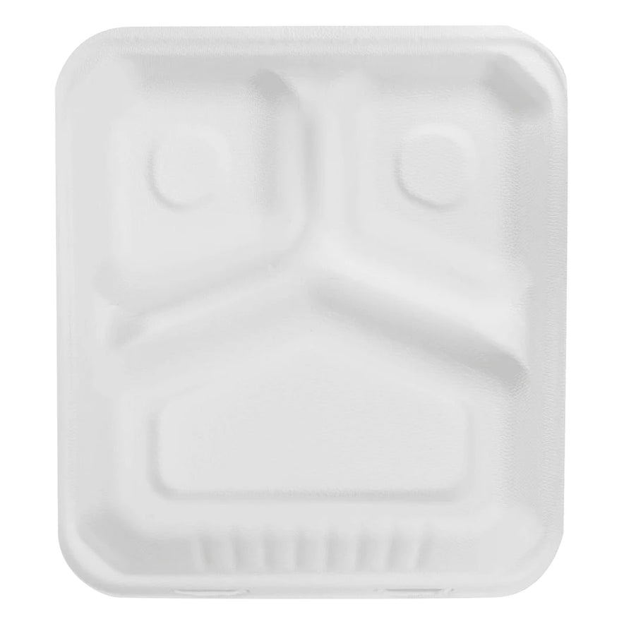 8"x8" PFAS Free Compostable Bagasse Hinged Containers, White, 3 Compartments