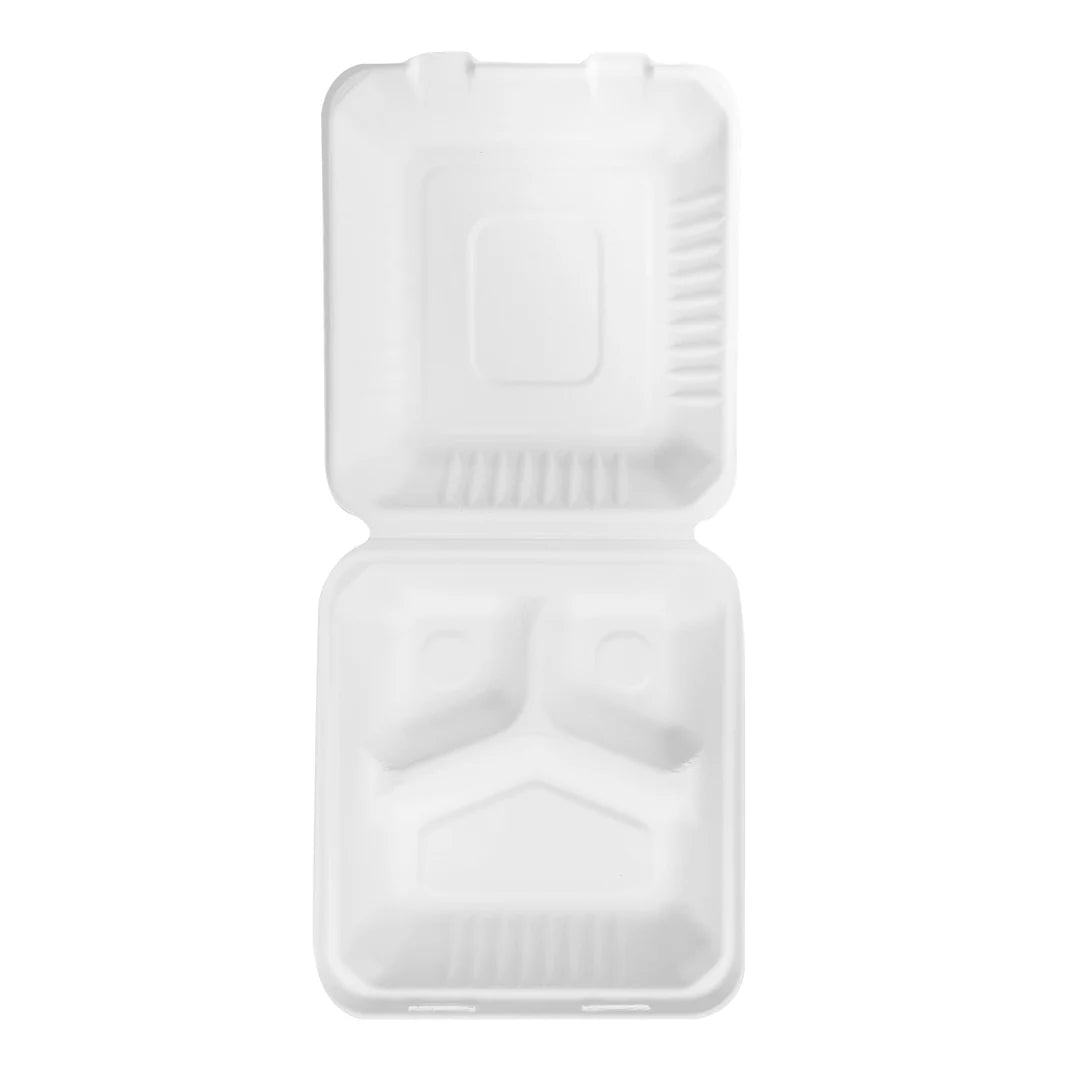 8"x8" PFAS Free Compostable Bagasse Hinged Containers, White, 3 Compartments