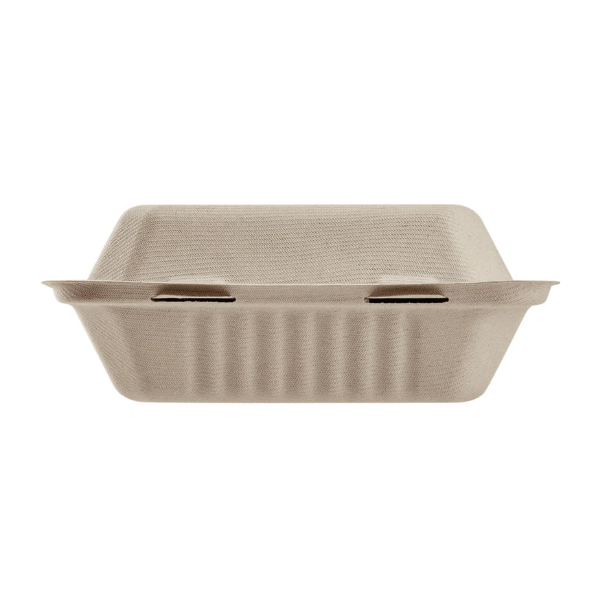 8"x8" PFAS Free Compostable Bagasse Hinged Containers, Natural
