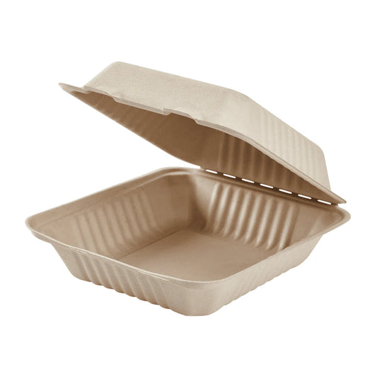 8"x8" PFAS Free Compostable Bagasse Hinged Containers, Natural