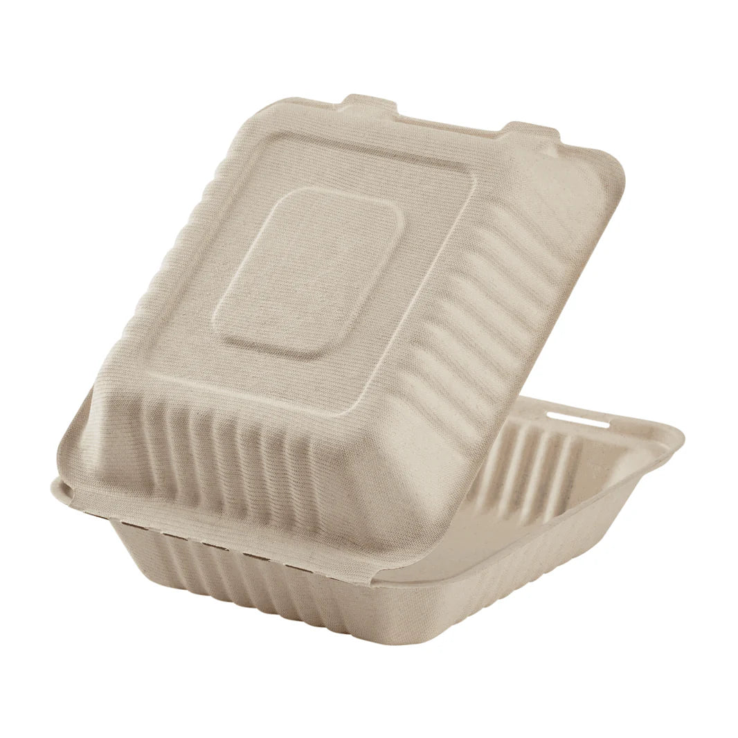 8"x8" PFAS Free Compostable Bagasse Hinged Containers, Natural