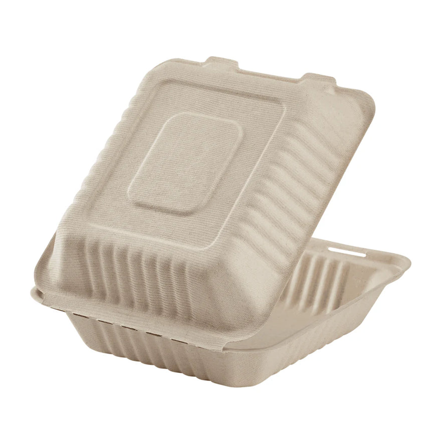 8"x8" PFAS Free Compostable Bagasse Hinged Containers, Natural