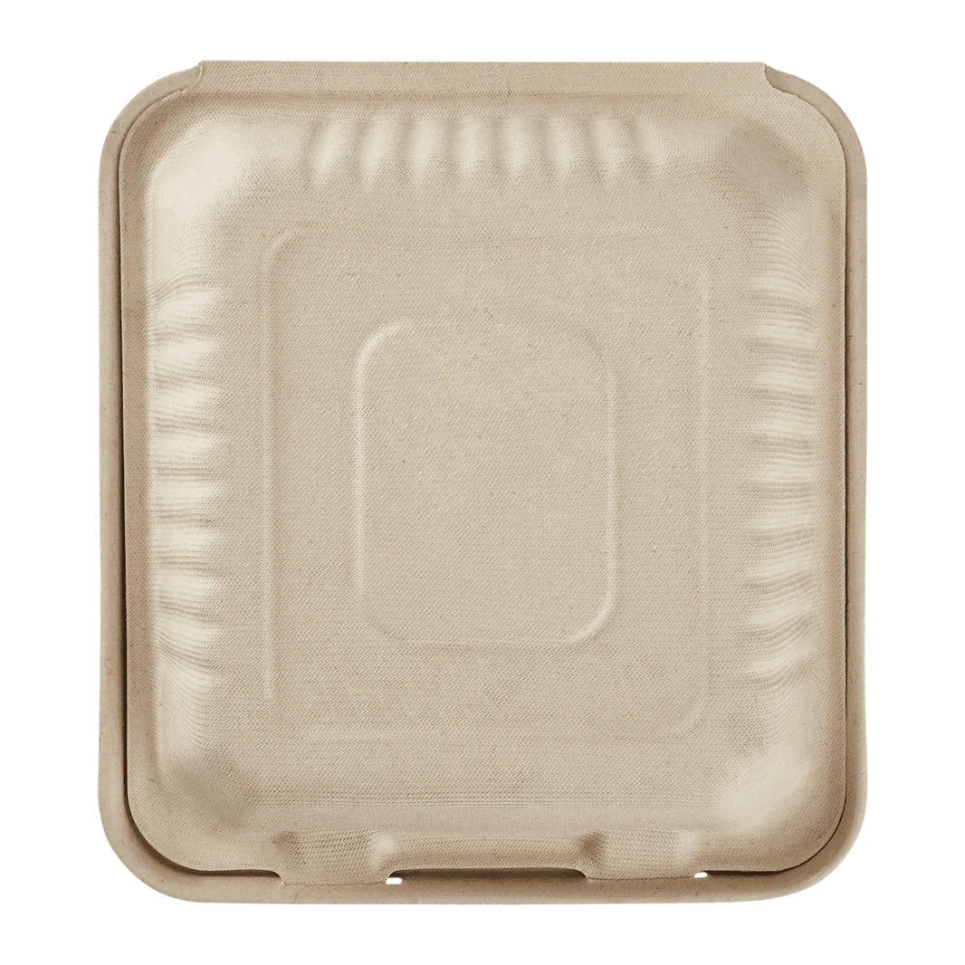 8"x8" PFAS Free Compostable Bagasse Hinged Containers, Natural