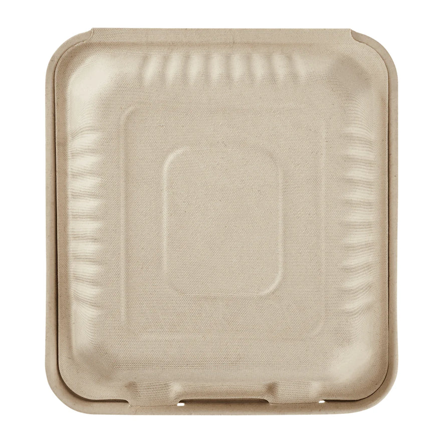 8"x8" PFAS Free Compostable Bagasse Hinged Containers, Natural