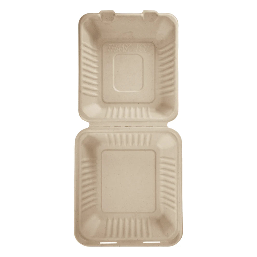 8"x8" PFAS Free Compostable Bagasse Hinged Containers, Natural