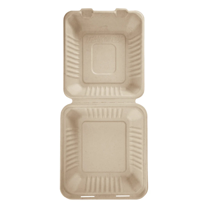 8"x8" PFAS Free Compostable Bagasse Hinged Containers, Natural