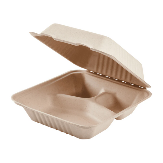 8"x8" PFAS Free Compostable Bagasse Hinged Containers, Natural, 3 Compartments