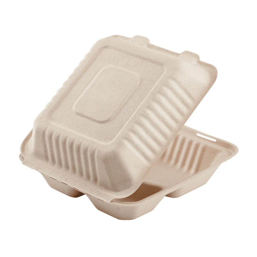 8"x8" PFAS Free Compostable Bagasse Hinged Containers, Natural, 3 Compartments