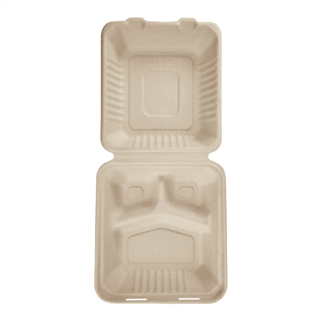 8"x8" PFAS Free Compostable Bagasse Hinged Containers, Natural, 3 Compartments