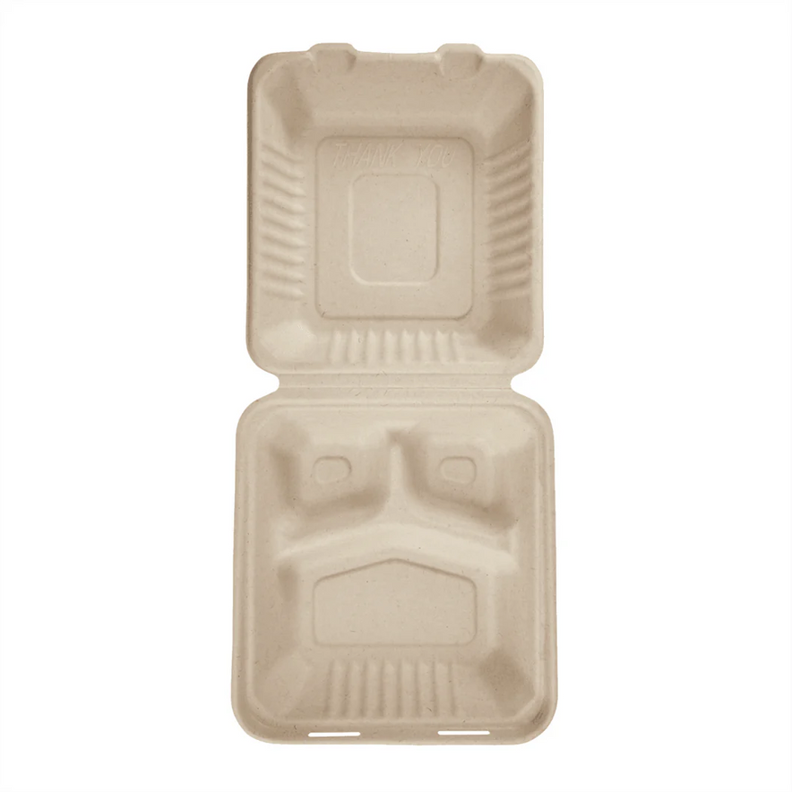 8"x8" PFAS Free Compostable Bagasse Hinged Containers, Natural, 3 Compartments