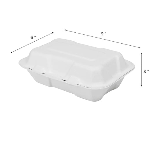 9"x6" PFAS Free Compostable Bagasse Hinged Containers, White