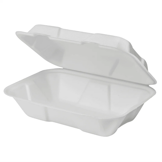 9"x6" PFAS Free Compostable Bagasse Hinged Containers, White