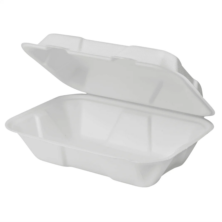 9"x6" PFAS Free Compostable Bagasse Hinged Containers, White