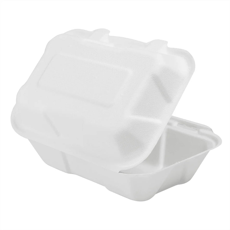 9"x6" PFAS Free Compostable Bagasse Hinged Containers, White